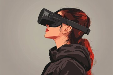 Poster - A woman standing against a neutral background wearing a VR headset symbolizing the elegant and immersive nature of modern digital experiences in a minimalist setting