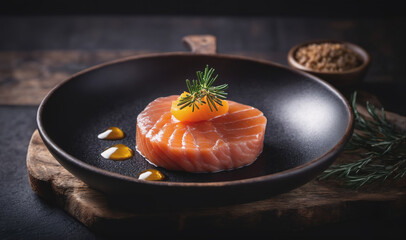 A single serving of salmon sits on a black plate with a sprig of rosemary and a drizzle of honey on a wooden cutting board