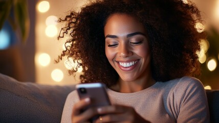 Canvas Print - A woman is smiling while looking at her phone