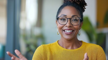 Wall Mural - A woman wearing glasses and a yellow shirt is smiling and pointing to the camera