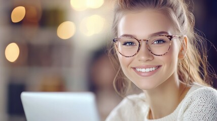 Sticker - A woman wearing glasses is smiling and holding a laptop