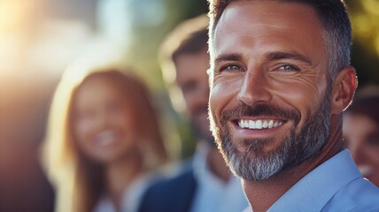 Wall Mural - A man with a beard and a smile is smiling at the camera