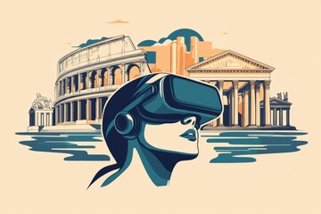 Canvas Print - Pop art inspired vector illustration of a woman in a VR headset set against a classical architectural background symbolizing the contrast between modern technology and historical aesthetics