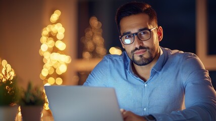 Wall Mural - A man wearing glasses is sitting at a desk with a laptop in front of him