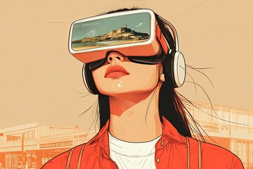 Sticker - Profile of a woman in a VR headset gazing upward surrounded by a dynamic red background representing the energy and excitement of exploring virtual worlds in a vibrant digital landscape