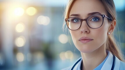 Sticker - A woman wearing glasses and a white coat stands in front of a blurry background