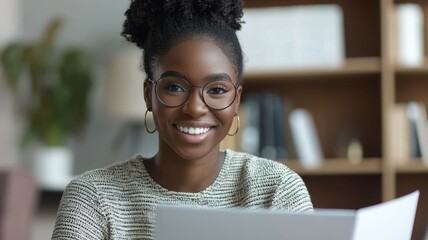 Sticker - A woman with glasses is smiling and sitting at a desk with a laptop