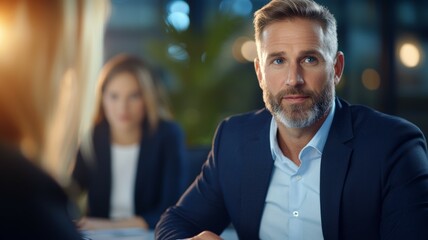 Wall Mural - A man in a suit is sitting at a table with two other people