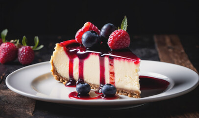 Wall Mural - A slice of cheesecake with raspberry sauce and fresh fruit sits on a white plate