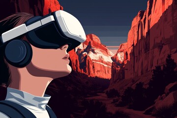 Poster - Illustration of a person in a VR headset exploring a rocky desert landscape symbolizing the intersection of advanced digital technology with the rugged beauty of the natural world