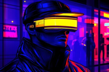 Wall Mural - Stylized illustration of a man in a VR headset illuminated by vibrant neon lights in a futuristic urban environment symbolizing the energy and immersion of digital nightlife