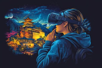 Sticker - Illustration of a woman in a VR headset exploring an ancient temple at night highlighting the immersive potential of digital technology in discovering historical wonders