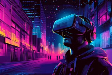 Wall Mural - Man in a VR headset exploring a vibrant neon lit urban environment symbolizing the energy and excitement of digital exploration in a futuristic cityscape