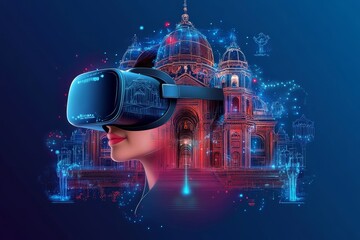 Poster - Stylized illustration of a woman in a VR headset blending the architectural beauty of a grand structure with the digital complexity of virtual reality in a vibrant immersive experience