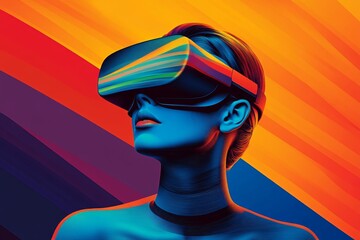 Canvas Print - Stylized woman experiencing vibrant virtual reality environment her VR headset reflecting abstract patterns and bold colorful streaks of digital art symbolizing fusion of technology and creativity