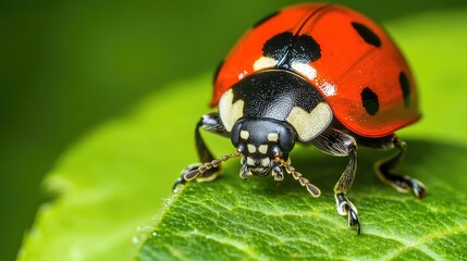 Canvas Print - A close-up of a ladybug on a green leaf.