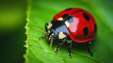 Wall Mural - A close-up of a ladybug with red shell and black spots on a green leaf.