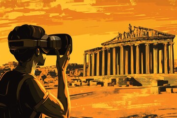 Poster - A futuristic traveler explores ancient ruins with a VR headset blending history with modern technology under a vivid orange sky at sunset creating a unique juxtaposition of past and future