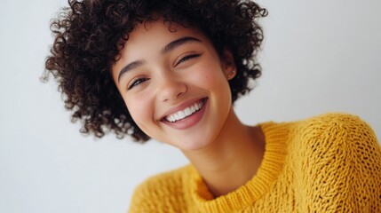 Poster - Smiling Young Woman in Yellow Sweater