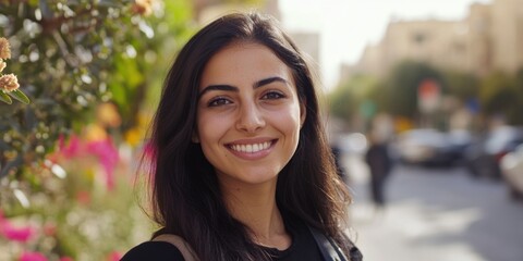 Wall Mural - Smiling Woman Portrait in Street Scene