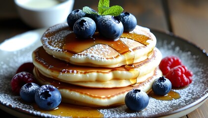 A plate of pancakes with blueberries and raspberries topped with sweet dressing