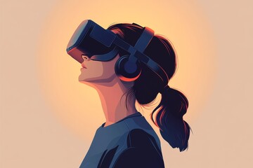 Sticker - A woman explores a futuristic cityscape at sunset with her VR headset the neon lights and modern architecture blending with the warm glow of the setting sun