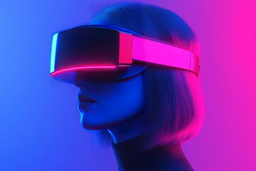 Wall Mural - A woman with short pink hair and a glowing VR headset stands against a blue and pink gradient background immersed in a futuristic virtual reality experience