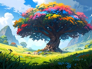 Sticker - Vibrant Tree in a Lush Meadow