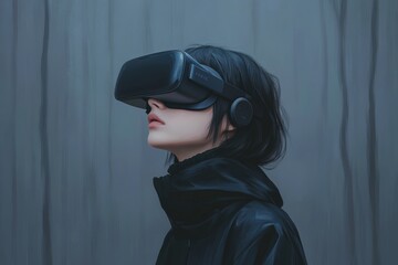 Sticker - A woman in a dark urban setting explores a digital world with her VR headset blending modern technology with the mysterious atmosphere of the city night