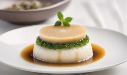 A creamy white pudding with a layer of green seaweed and a golden top is sitting on a white plate with a dark brown sauce