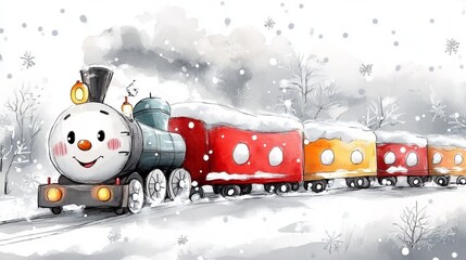 Cute Christmas cartoon train with a smiling face, traveling through a snowy winter landscape