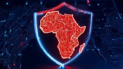 Poster - A glowing red outline of Africa on a digital shield highlighting technology and innovation