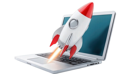 laptop rocket ship blasting out, isolated transparent png background