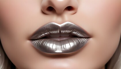 Close-up of a woman's lips with metallic silver lipstick, showing a dramatic and glamorous makeup style