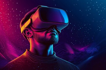 Poster - A man in a futuristic VR headset explores a vivid neon lit digital environment where the surreal elements of the virtual world create an immersive and dynamic experience