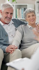 Wall Mural - Senior couple, therapy and talk on sofa for healing, discussion and therapist taking notes. Elderly man, wife and smile in counseling for recovery, relationship development and affection for progress