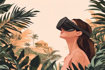 Wall Mural - A woman standing among lush tropical plants explores a vibrant digital world through her VR headset blending the natural beauty of her surroundings with the immersive experience of virtual reality