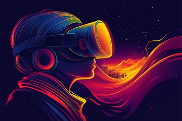 Sticker - A person in a dark starry environment uses a VR headset to navigate a digital world where vibrant swirling colors blend with the night sky