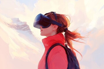 Poster - A woman in a wind swept landscape with flowing red hair experiences a digital world through her VR headset where the elements of nature blend with the immersive technology of virtual reality