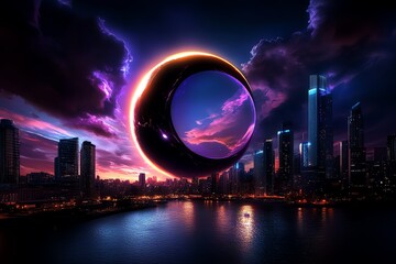 Poster - A stunning futuristic cityscape under a surreal cosmic sky, featuring a glowing ring and vibrant colors reflecting in the water.