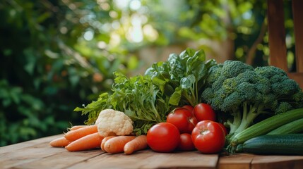 A fresh and healthy vegetable of diet foods, including salads, pepper, and tomato, displayed on a table with a garden setting in the background.