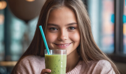 A young woman smiles as she holds a green smoothie