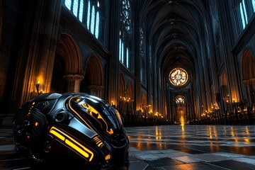 Aufkleber - A stunning futuristic interior with dramatic lighting and a sleek robotic object, blending technology and architecture.