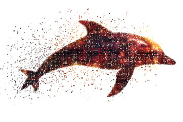 A digital illustration of a dolphin silhouette, rendered in a binary code pattern with a clean white background for a modern, tech-inspired look.

