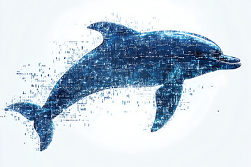 A digital illustration of a dolphin silhouette, rendered in a binary code pattern with a clean white background for a modern, tech-inspired look.
