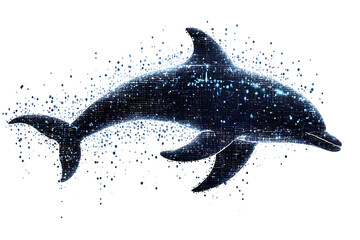 A digital illustration of a dolphin silhouette, rendered in a binary code pattern with a clean white background for a modern, tech-inspired look.
