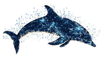 A digital illustration of a dolphin silhouette, rendered in a binary code pattern with a clean white background for a modern, tech-inspired look.
