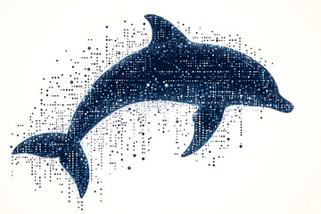 A digital illustration of a dolphin silhouette, rendered in a binary code pattern with a clean white background for a modern, tech-inspired look.
