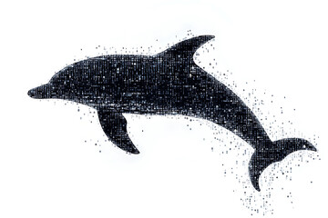 A digital illustration of a dolphin silhouette, rendered in a binary code pattern with a clean white background for a modern, tech-inspired look.
