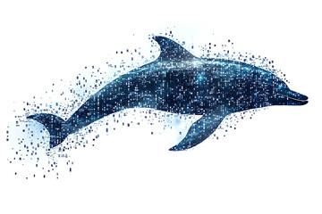 A digital illustration of a dolphin silhouette, rendered in a binary code pattern with a clean white background for a modern, tech-inspired look.
